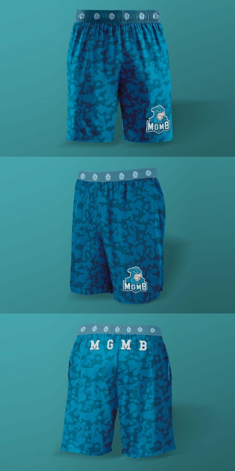 Angled side view of a customizable 7-inch shorts mockup on a mannequin, featuring a split-design (gray and yellow) and layered Smart Objects for independent pattern and logo placement.