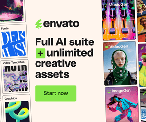Envato AI suite and unlimited creative assets display ad featuring the logo and examples of AI tools like MusicGen, VideoGen, and ImageGen alongside design assets like Fonts, Video Templates, and Graphics, with a 'Start now' button.