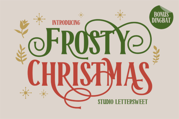 Introducing Christmas Beautiful, New Playful Font” promotional graphic with stylized text in red and green, adorned with festive stars and a border of holiday foliage.