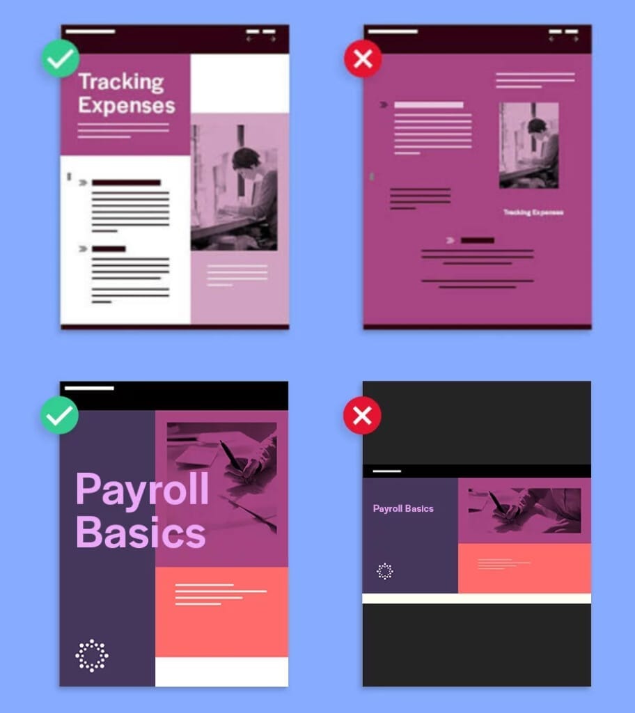 Example of good versus bad graphic design layout, demonstrating contrast and proper use of whitespace and grid systems for optimal composition.