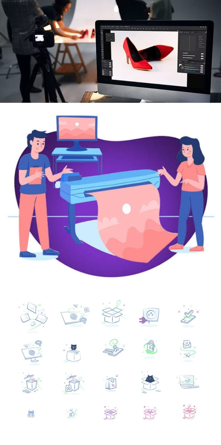 Different types of visual imagery used in graphic design: product photography, vector icons, and digital illustration to convey mood and context.