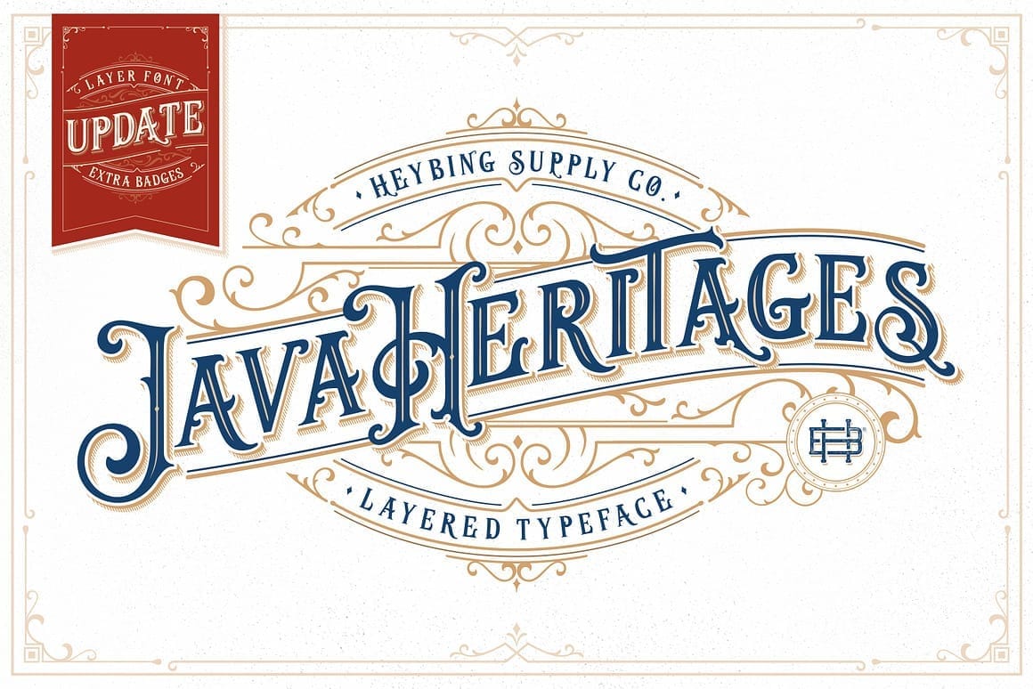The main title graphic for Java Heritage Layered Typeface by Heybing Supply Co., featuring ornate Victorian-style lettering with intricate gold and blue decorative badges on a light background.