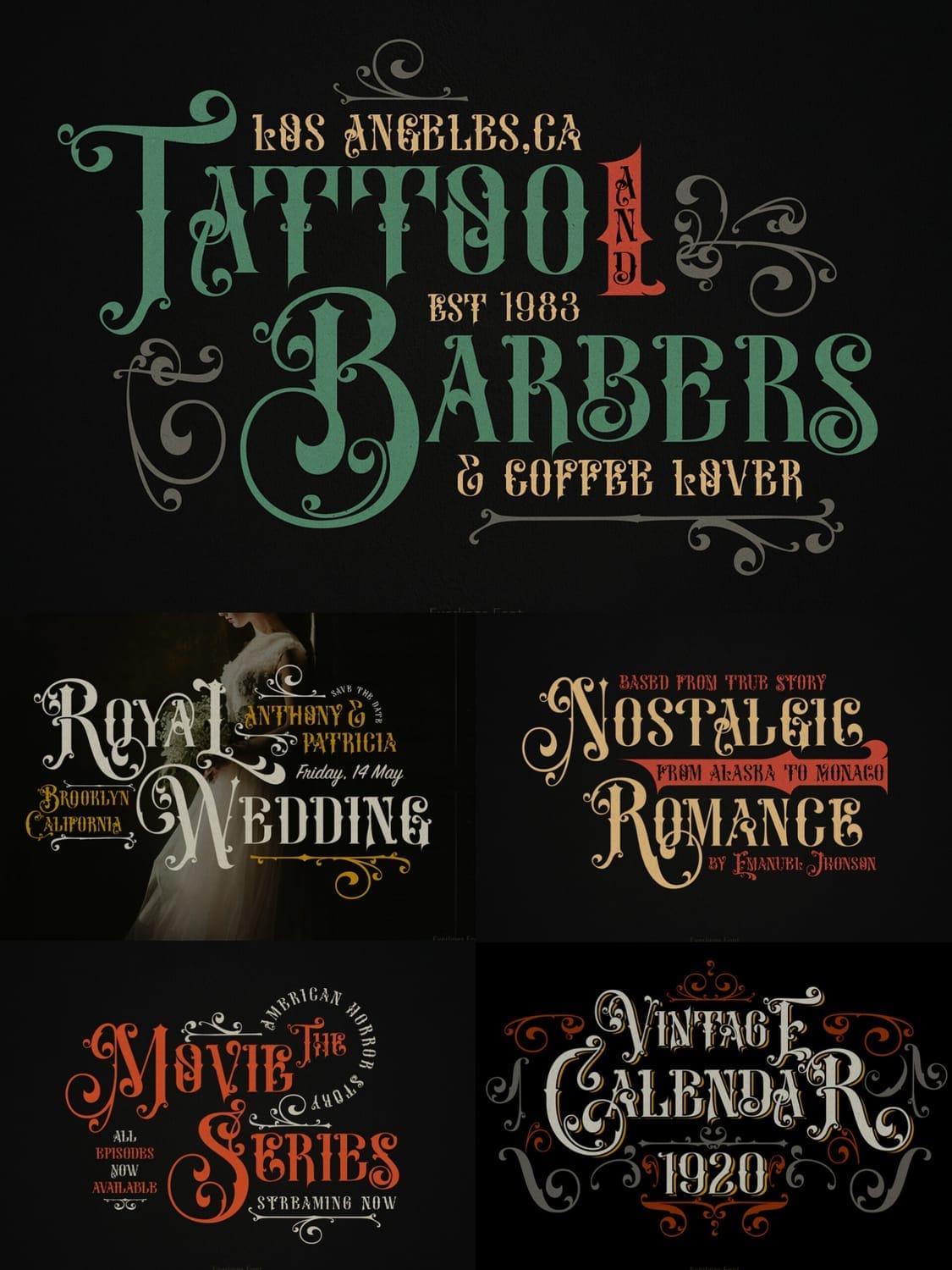 A collage of graphic design examples using Everlines Victorian font, showcasing vintage-style typography for tattoo shop branding, wedding invitations, movie posters, and nostalgic calendar designs.
