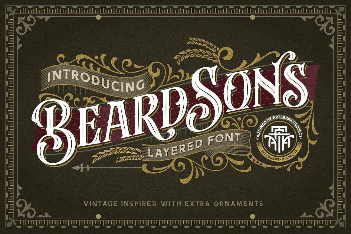 Promotional title graphic for Beardsons Layered Font by Arterfak Project, displaying ornate, vintage-inspired Victorian lettering with intricate gold flourishes and a red banner on a textured dark green background.