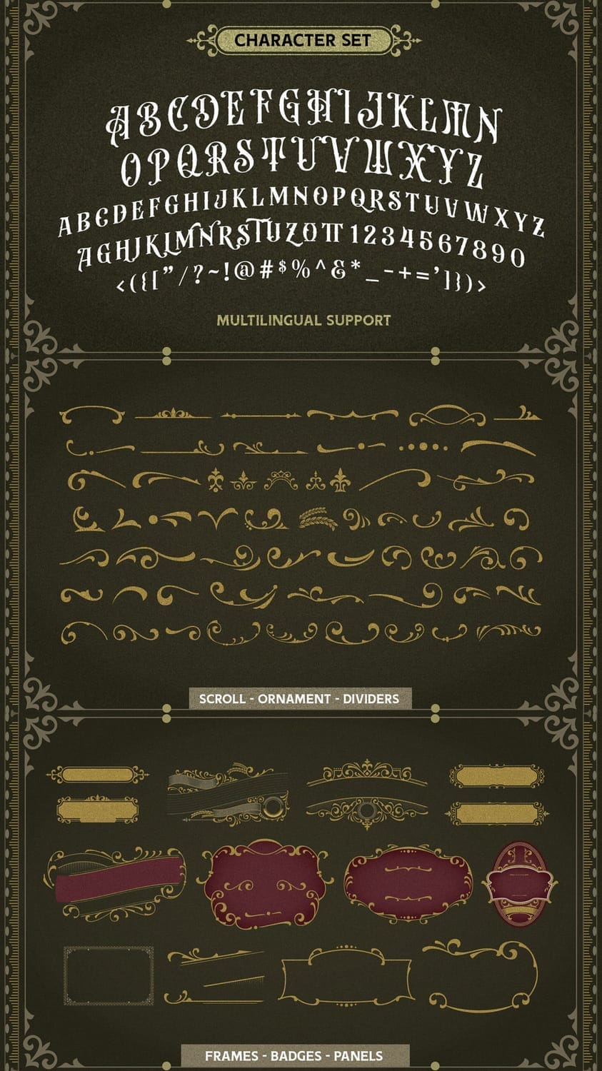 A comprehensive character map for Beardsons Victorian font including uppercase letters, numbers, and symbols, featuring a large collection of decorative assets such as vintage scrolls, ornaments, dividers, frames, badges, and panels.