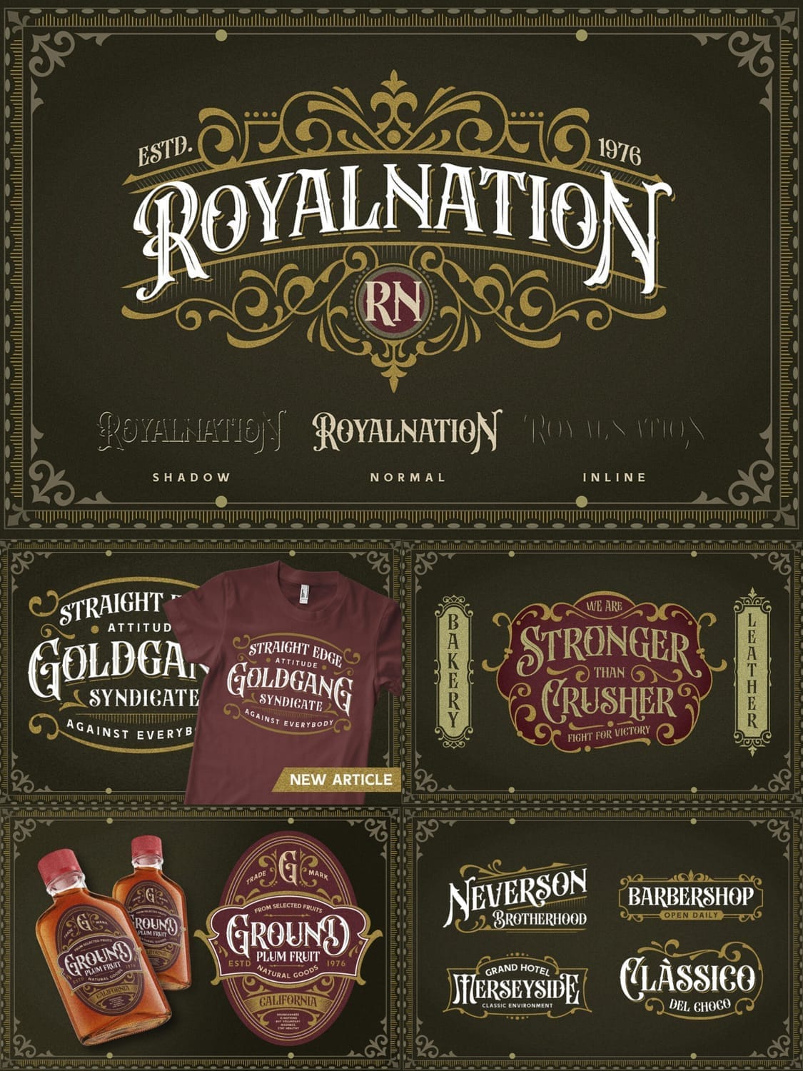 A design showcase of Beardsons Victorian font highlighting its shadow, normal, and inline layers, with real-world applications for vintage t-shirts, liquor bottle labels, and luxury branding for barbershops and hotels.