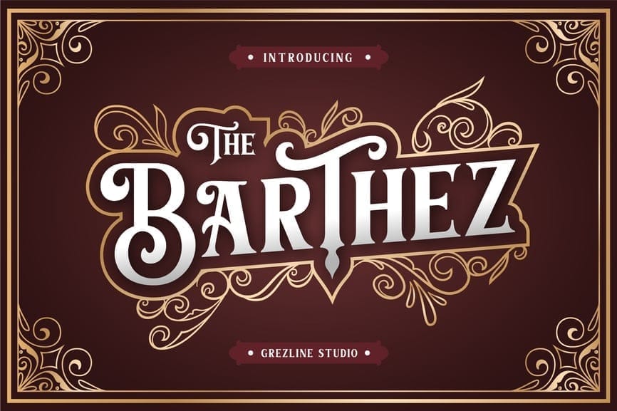 Promotional cover for Barthez Victorian Serif Font by Grezline Studio, showcasing vintage-style display typography with "stamp" and "inline" variations and decorative badge elements on a dark background.