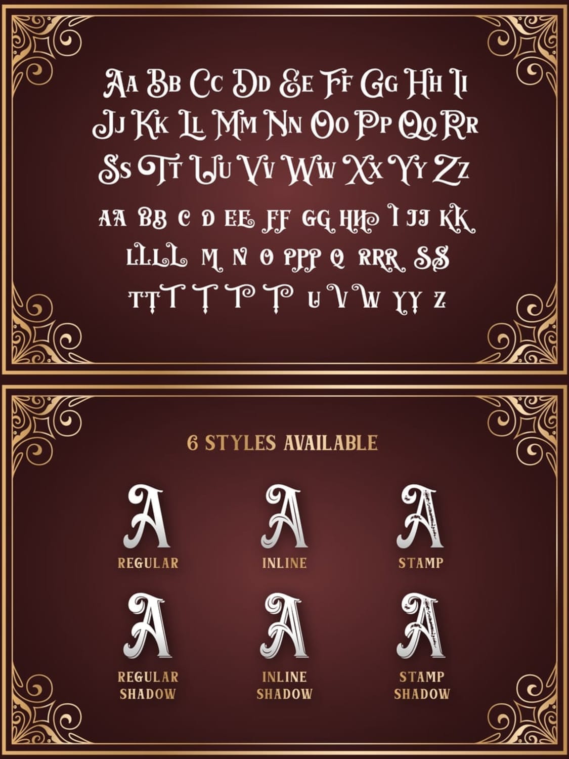 A detailed display of the Barthez font family glyphs, including uppercase letters, numbers, and custom Victorian ornaments, badges, and flourishes designed for branding and logo creation.