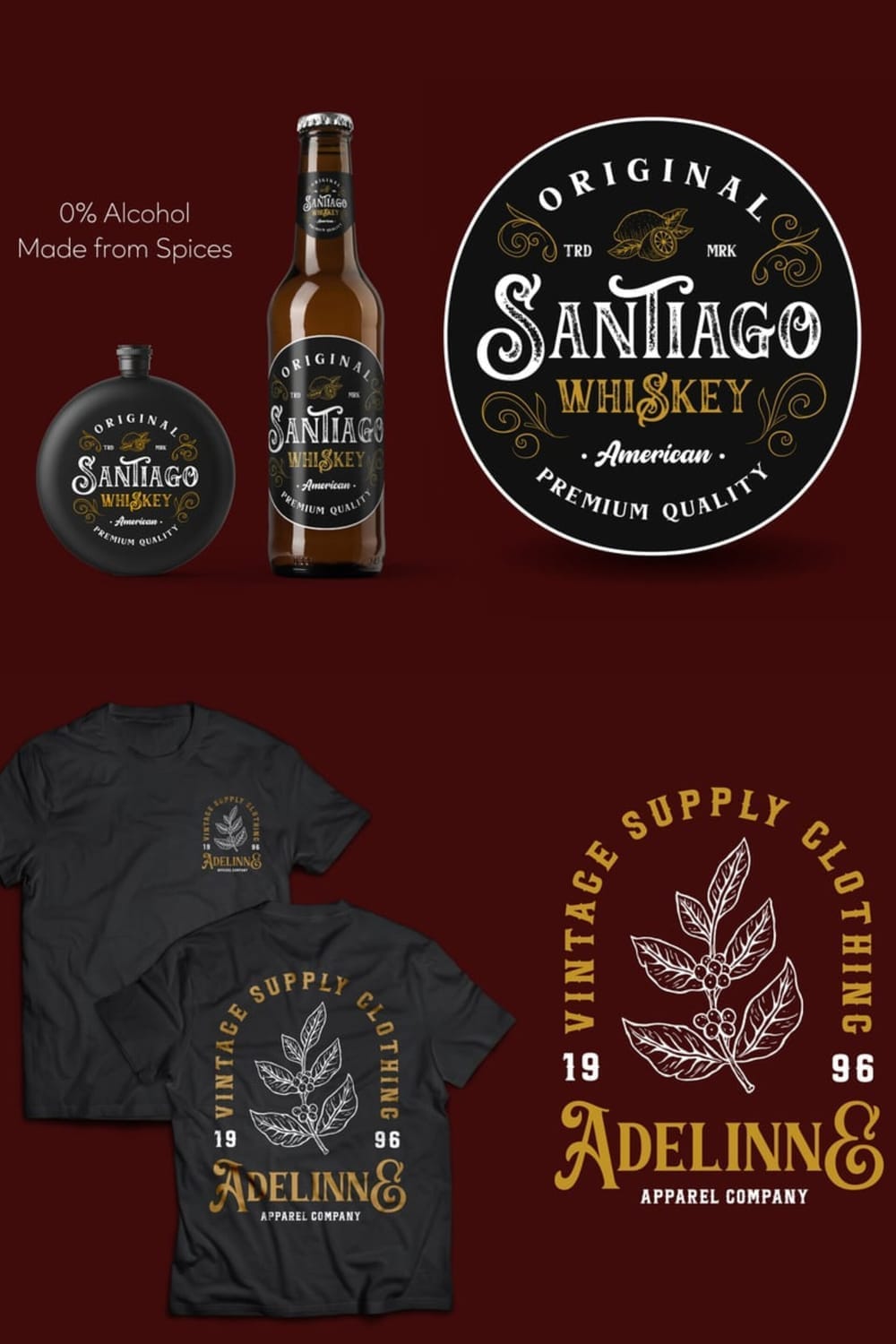 Graphic design mockups featuring the Barthez Victorian font used for retro product labels, coffee shop branding, and t-shirt designs, illustrating the use of its shadow and stamp font layers.