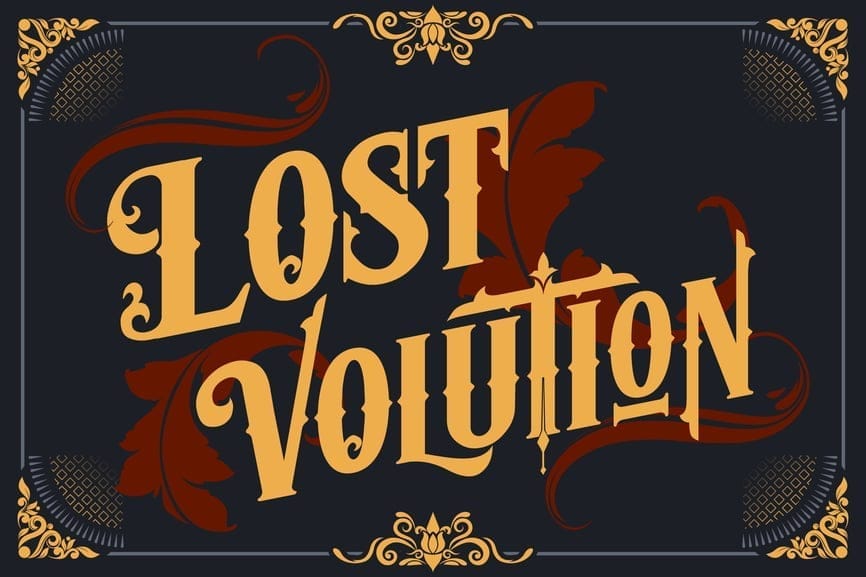 The central branding graphic for the Lost Volution font, featuring bold, sharp Victorian-inspired lettering with large decorative leaf flourishes.