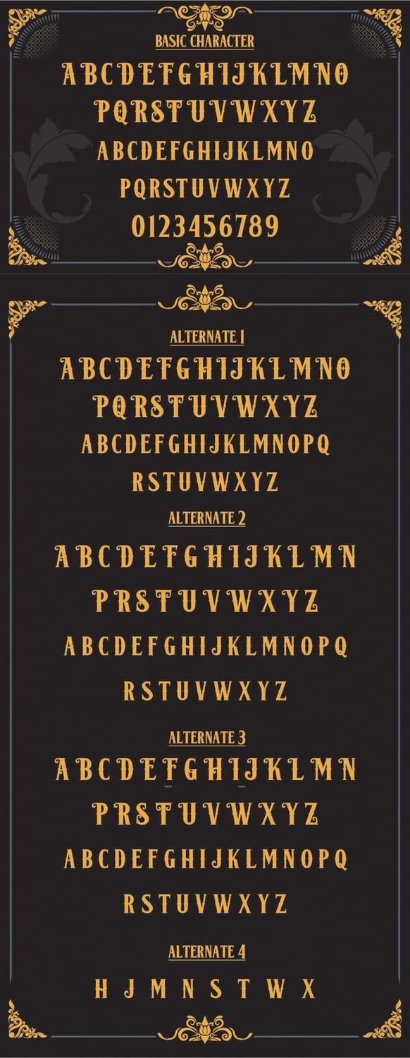 A detailed look at the Lost Volution character set, displaying basic characters alongside four distinct levels of stylistic alternates for customized typography.