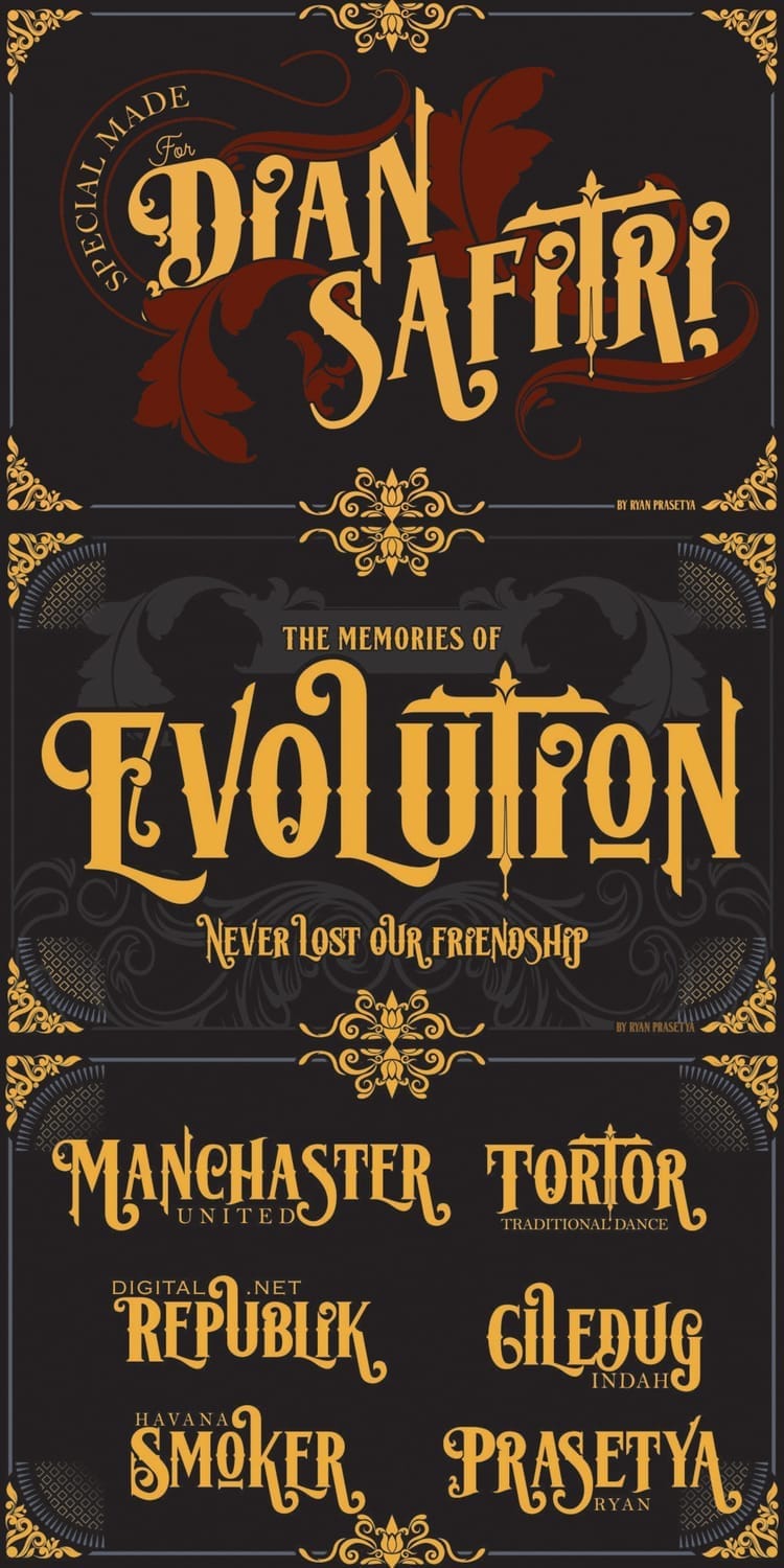 Diverse logo examples using the Lost Volution font, including branding for "The Memories of Evolution," "Manchester United," and "Havana Smoker".