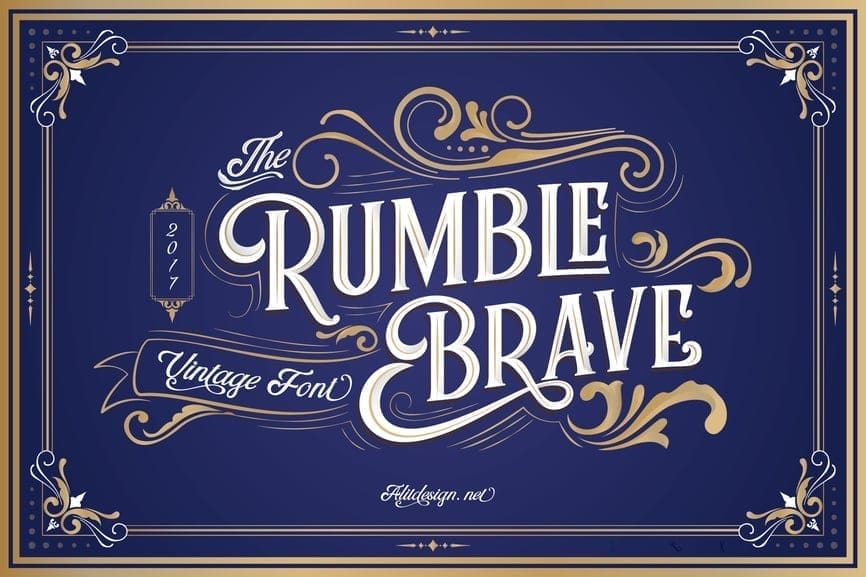Promotional cover for The Rumble Brave Vintage Font by Alit Design, featuring elegant white and gold lettering with complex flourishes on navy blue.