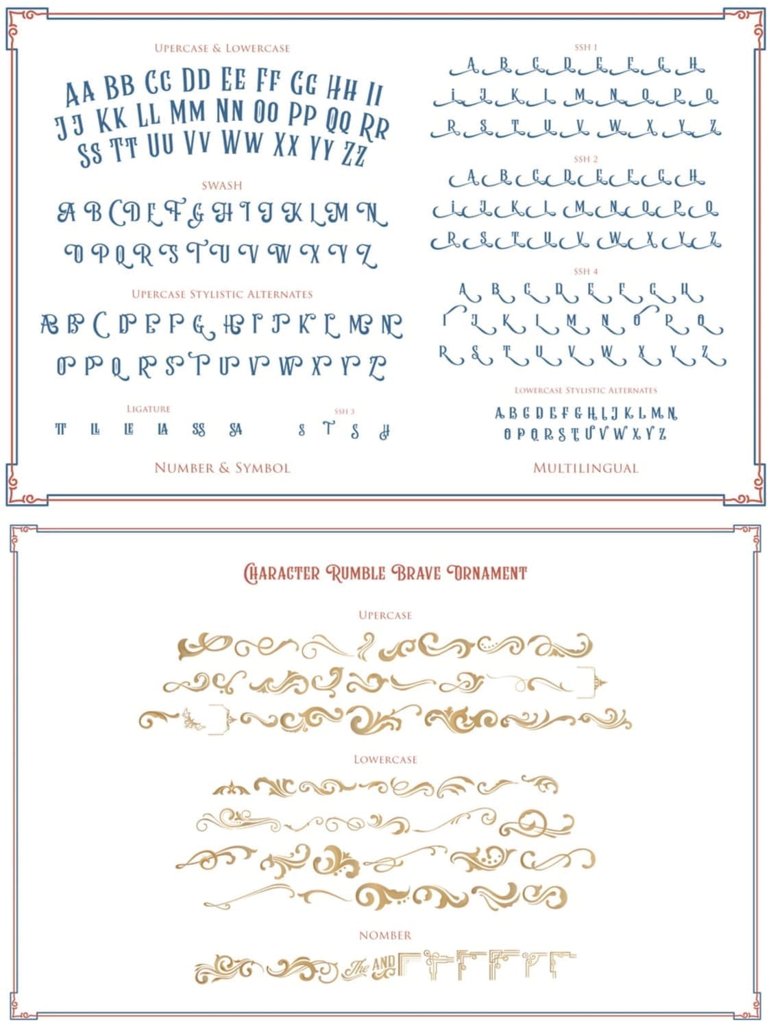 Asset sheet for Rumble Brave font including uppercase and lowercase characters, stylistic alternates, swashes, and a collection of gold-colored ornaments.
