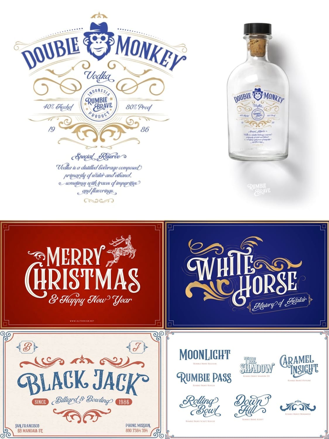 Graphic design examples using Rumble Brave font, featuring "Double Monkey Vodka" bottle labels, "Merry Christmas" cards, and various branding concepts.