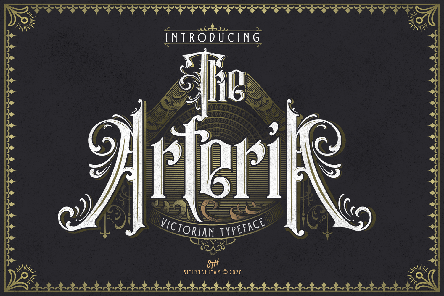 Arteria Victorian typeface title card with highly decorative, white and gold ornate lettering and a vintage border.