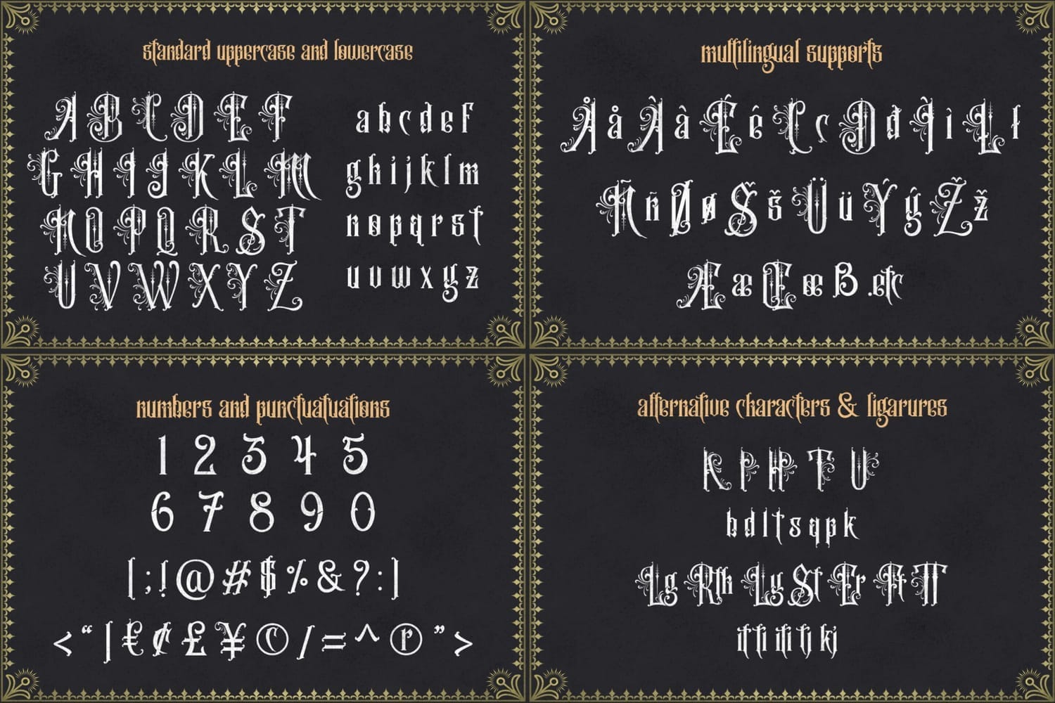 Character set for Arteria font showing standard letters, multilingual support, and decorative ligatures.