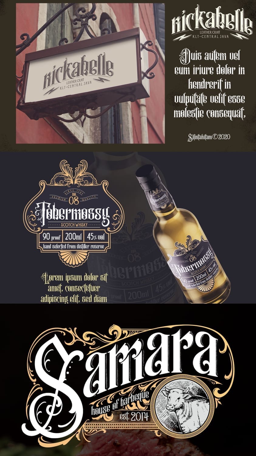 Arteria font usage examples featuring leather craft signage, a whisky bottle label, and a barbecue logo.
