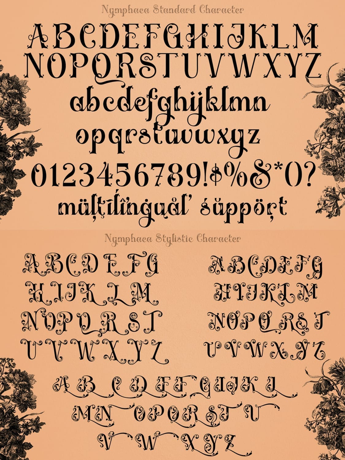 character map of Nymphaea font showing standard letters, numbers, punctuation, and stylistic alternate capital letters.