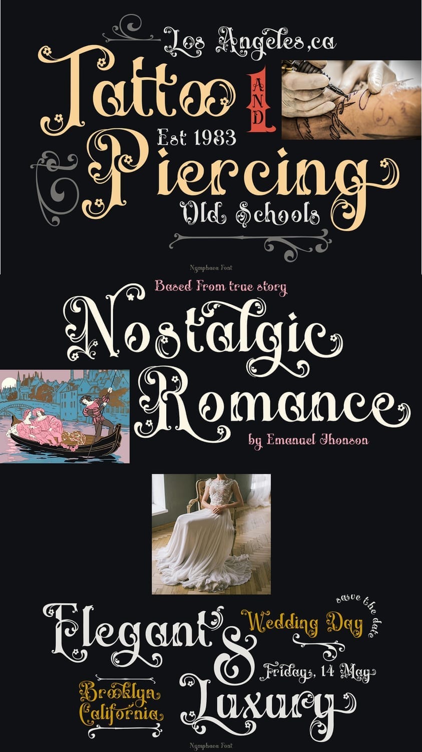 Examples of Nymphaea font in use for a tattoo shop sign, a book cover, and a wedding invitation.