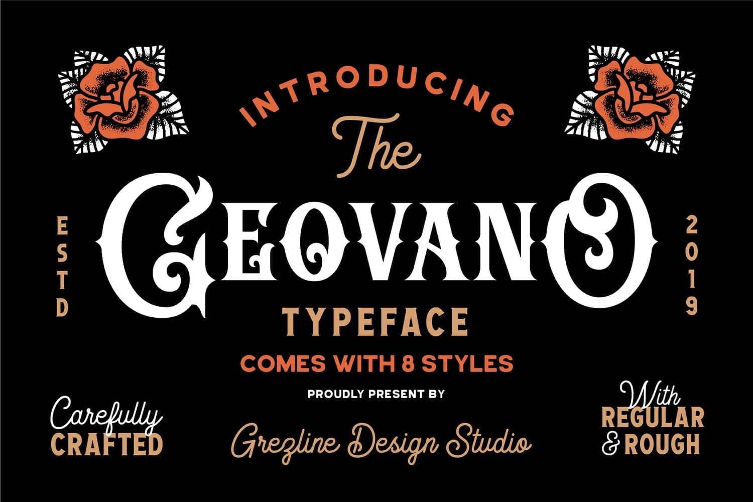 Geovano vintage typeface title card with decorative orange roses and text showcasing eight different font styles.