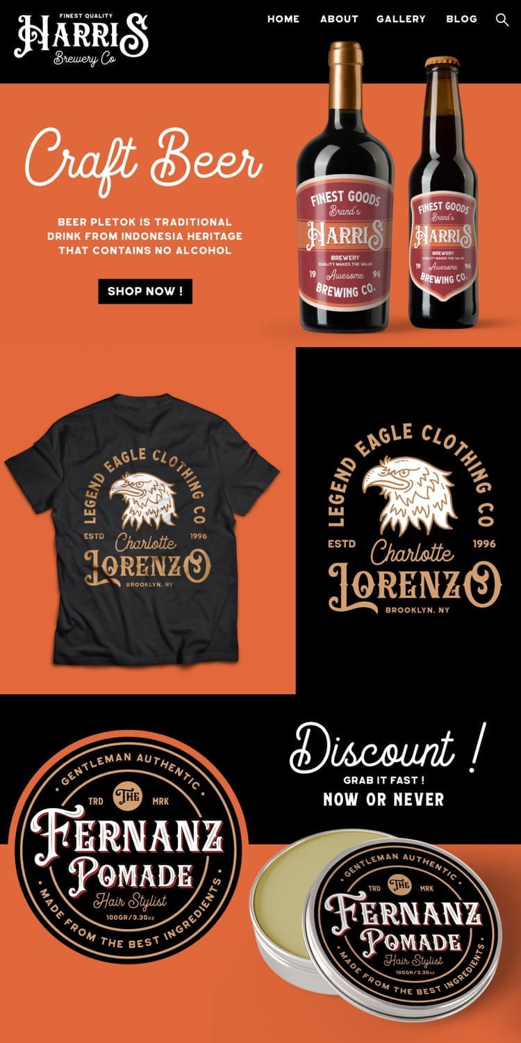 Geovano vintage font applied to craft beer labels, t-shirt branding, and hair pomade packaging designs.