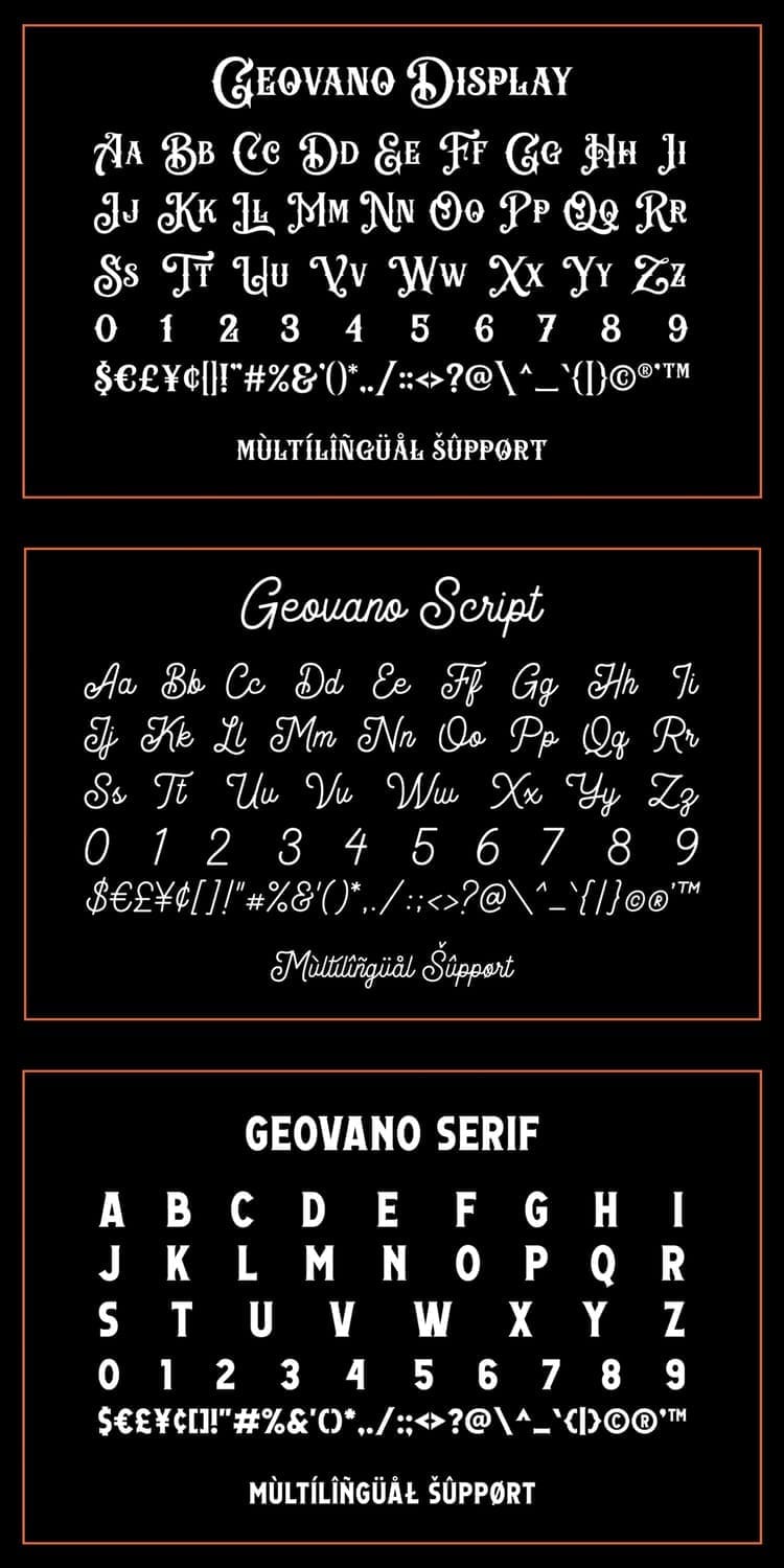 Typography map of the Geovano font family including Display, Script, and Serif character styles.