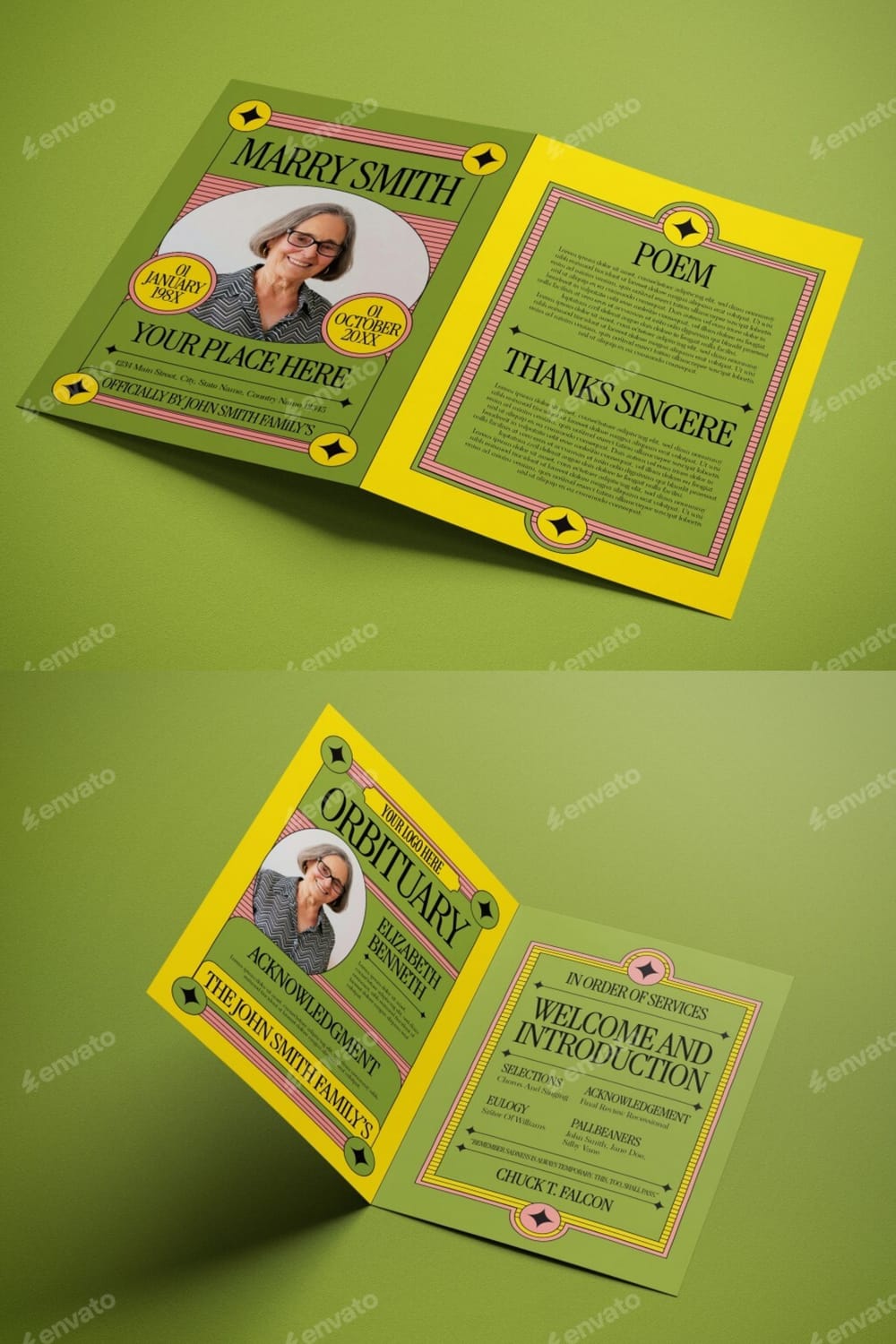 Retro 1970s style funeral brochure template in mustard yellow and olive green with bold serif typography.