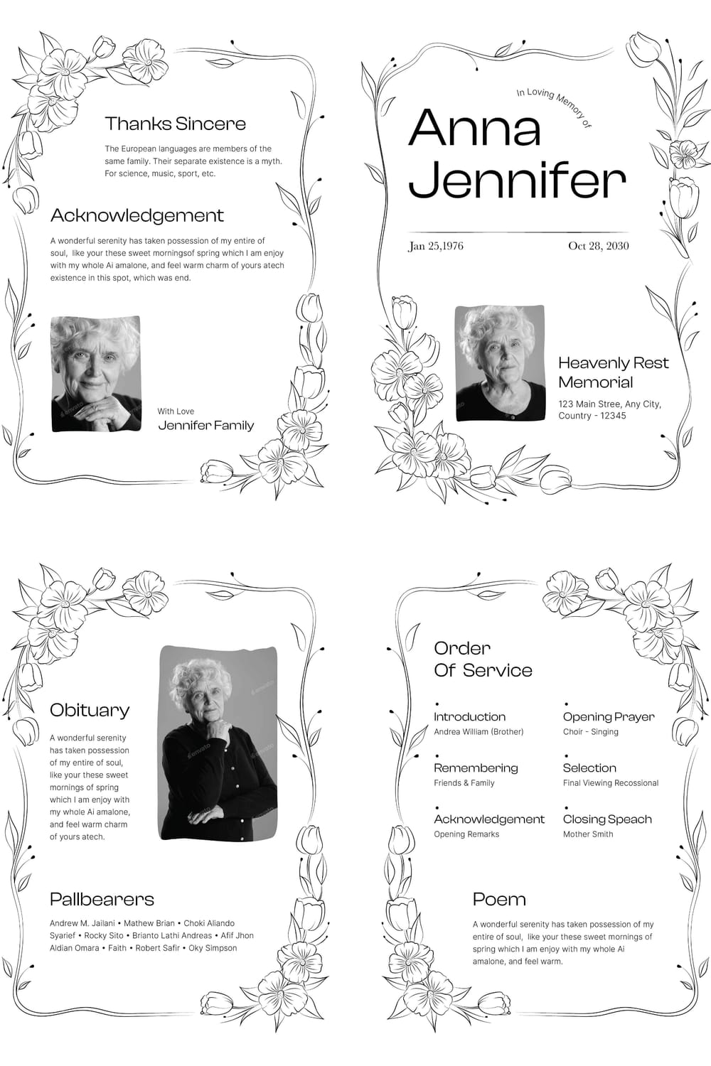 Minimalist funeral program design featuring delicate hand-drawn floral line art and clean monochromatic layout.