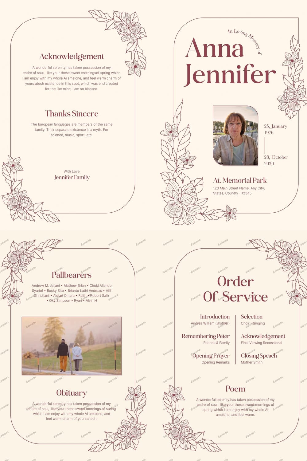 Modern clean funeral program with soft earthy tones and rounded image frames for a serene memorial.