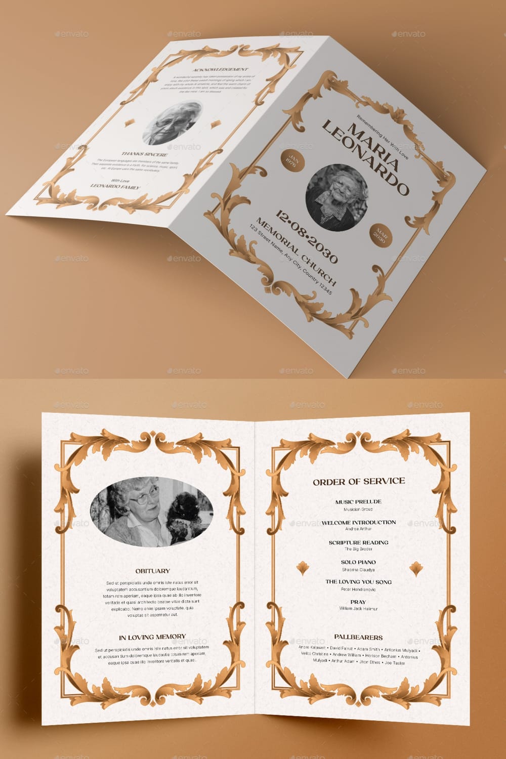 Formal funeral brochure template with ornate gold-style decorative borders and traditional typography.