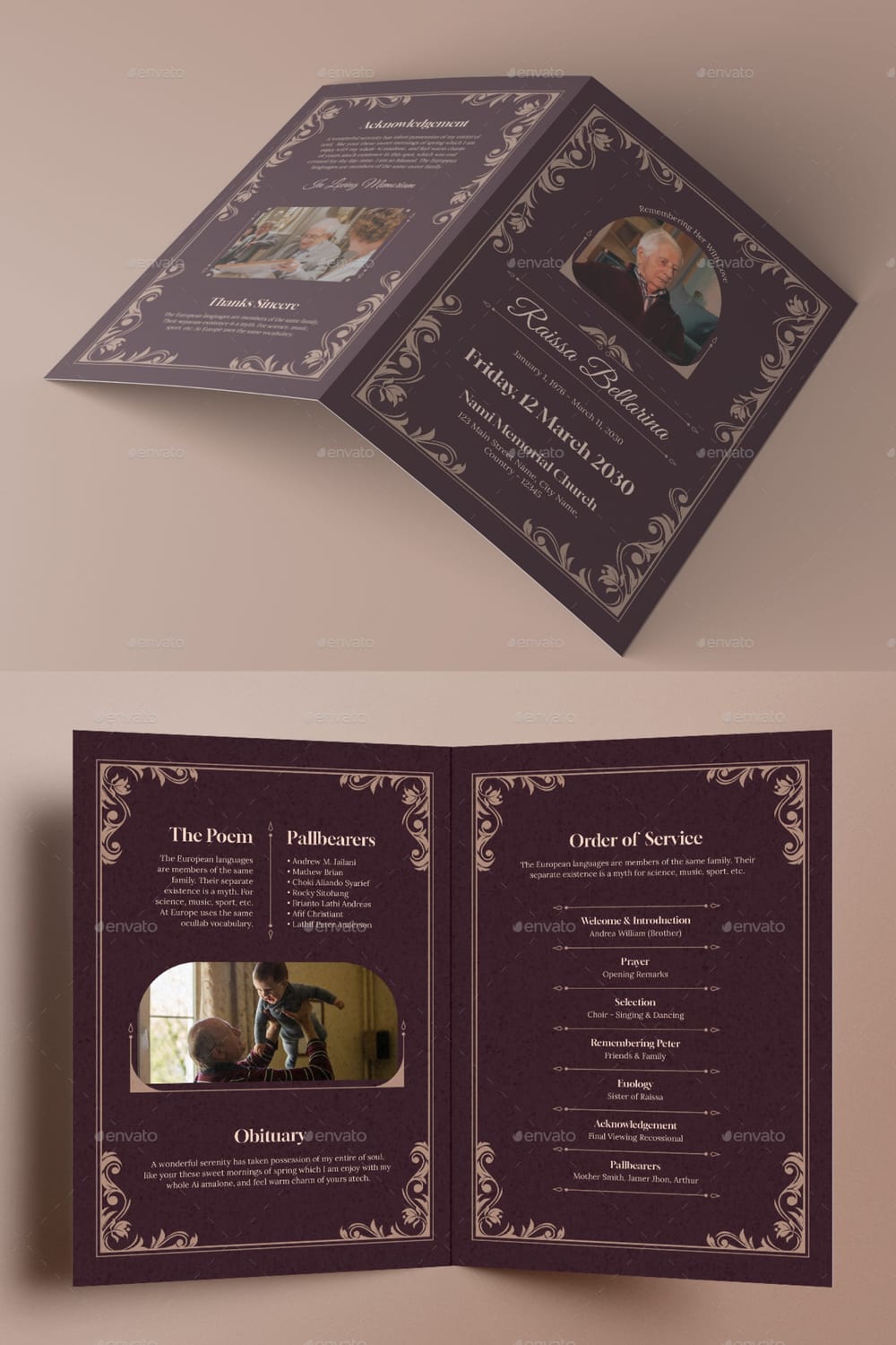 Traditional dark brown funeral program with high-contrast white text and elegant script accents.