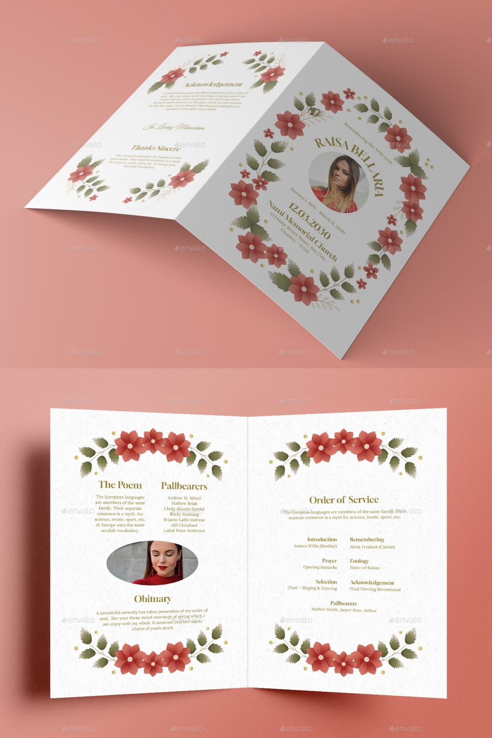 Bright and airy white minimalist funeral brochure with thin floral illustrations and classic serif fonts.
