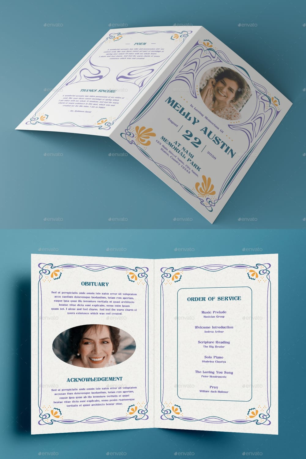 Vintage Art Nouveau funeral program featuring flowing organic lines and Titania decorative font.