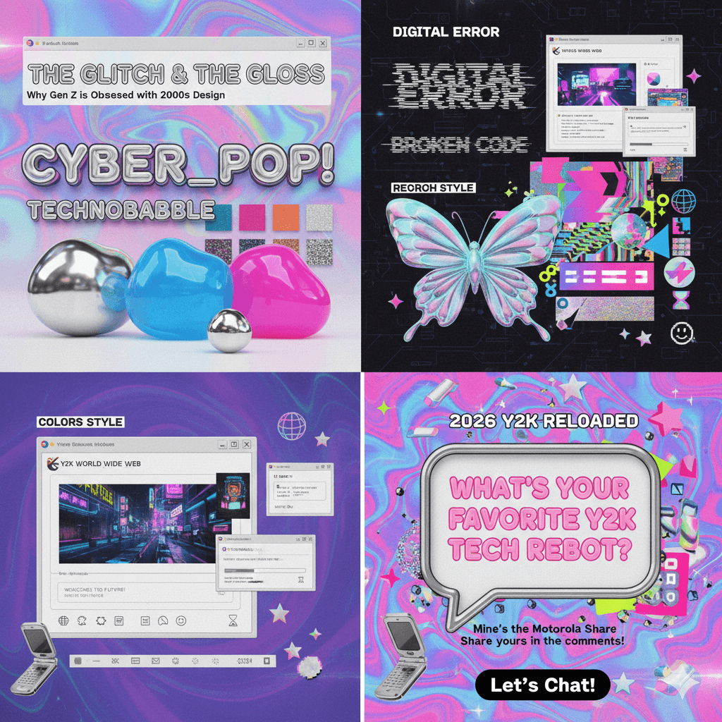A vibrant, chaotic Y2K-inspired digital collage featuring various elements: a prominent metallic chrome title "THE GLITCH & THE GLOSS" against a blurred, iridescent background, an old desktop window with the post title, 3D chrome and jelly-like spheres in pink and blue, pixelated stars, a digital error message, a detailed 3D metallic butterfly, and a neon cityscape framed within a retro browser window. This image perfectly encapsulates the aesthetic's blend of shiny, digital, and slightly chaotic elements.