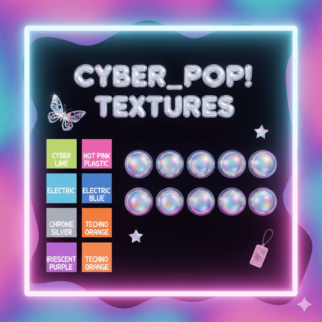 A visual guide to Y2K textures and colors. The title "CYBER_POP! TEXTURES" is rendered in shiny, chrome-like bubble letters. To the left is a color palette with swatches for Cyber Lime, Hot Pink Plastic, Electric Blue, Chrome Silver, Iridescent Purple, and Techno Orange. To the right, two rows of spherical, iridescent, and holographic bubbles showcase key Y2K material effects. A glowing neon border frames the entire image, with pixelated stars and a translucent butterfly icon.