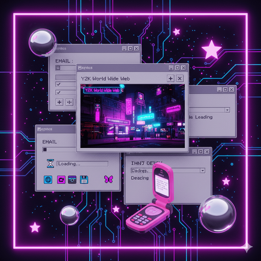 A collection of retro desktop UI elements in a vibrant Y2K style. Multiple grey-colored browser and application windows are layered, featuring pixelated icons, a "Loading..." bar, and a vibrant neon cityscape image within one window. A pink flip phone lies open, displaying text. Shiny chrome spheres and glowing pink stars are scattered around, all set against a dark background with glowing circuit board lines.