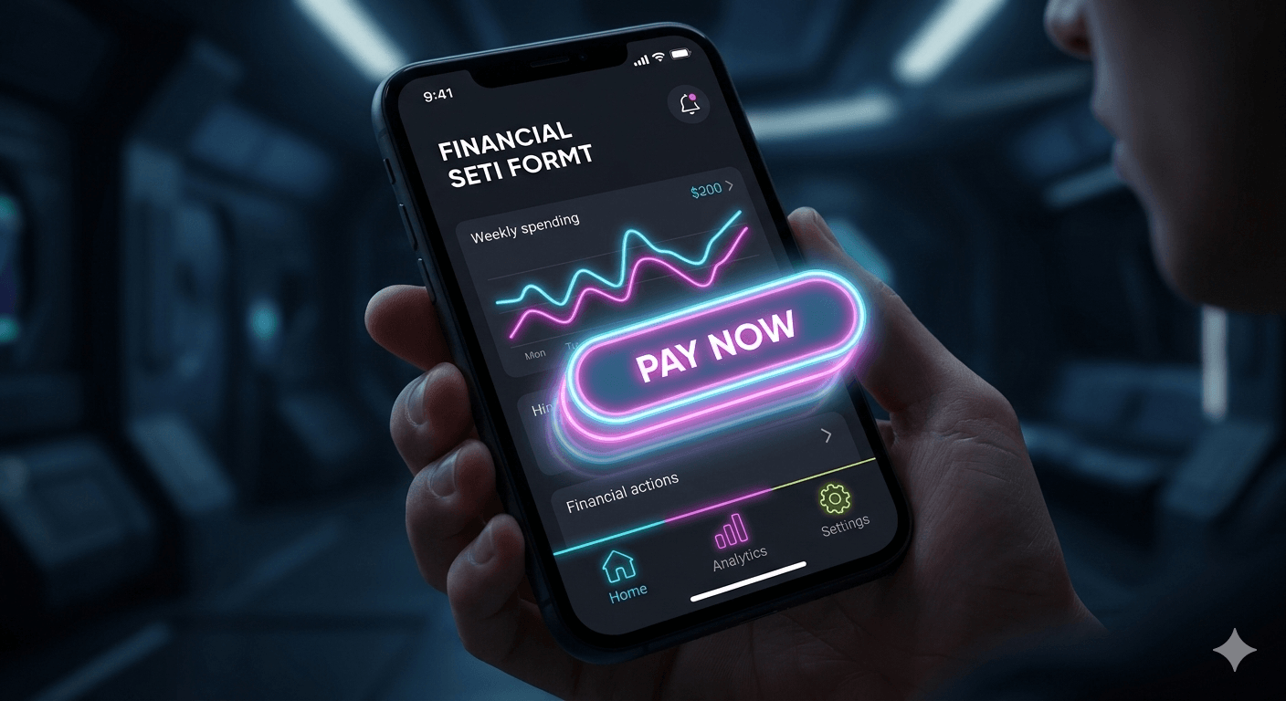 A smartphone screen displaying a financial application interface designed in a futuristic dark mode. A prominent "PAY NOW" button glows with layered soft pink and cyan blue halos, making it stand out against the deep charcoal background, which echoes the moody tones of image_0.png. Navigation icons feature thin, vibrant neon outlines in cyan, magenta, and lime to indicate active states. The design illustrates high-luminance CTAs in modern UI/UX design.