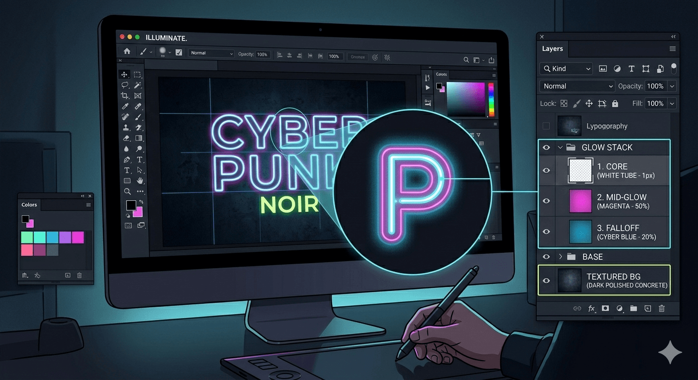 A stylized illustration of a graphic design software interface in dark mode, labeled 'ILLUMINATE.' The monitor shows a deep contrast environment similar to image_0.png and image_2.png. The 'Layers' palette is visible, broken down into distinct sections: '1. CORE (WHITE TUBE)', '2. MID-GLOW (MAGENTA)', and '3. FALLOFF (CYBER BLUE)', illustrating the 'Triple Layer' technique mentioned in the blog text. A detailed diagram overlay points to a glowing letter 'P', visually breaking down how the three layers of light combine to create a realistic, vibrating neon effect.