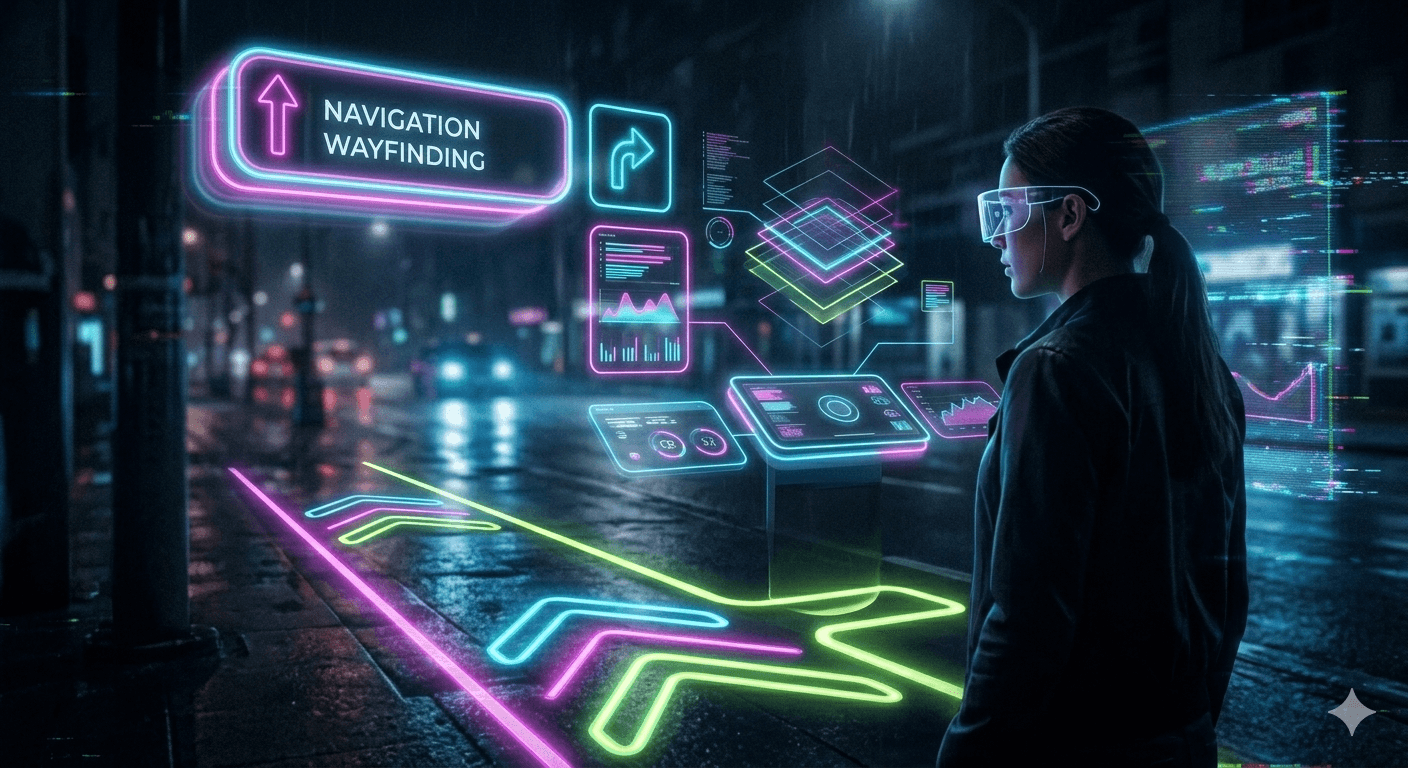 A futuristic street scene at night where a woman wearing sleek AR glasses views neon navigation wayfinding icons projected onto the sidewalk and floating in the air. The neon elements feature vibrant pink, cyan, and electric lime light trails that illuminate the wet pavement, demonstrating how neon design integrates into augmented reality environments as a functional, immersive layer of information.