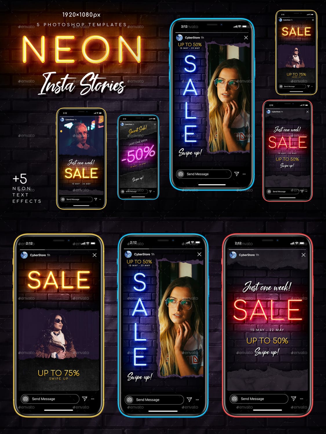 5 unique instagram templates with neon text effects Just a few photos and your instagram account will look creative and cool! Easy image replacement. Just put your photo into smart object. Cool free fonts. It’s very simple to use these templates in photoshop. Just edit texts and put your photos. Save jpeg or png files and upload your Instagram story. Magic result!