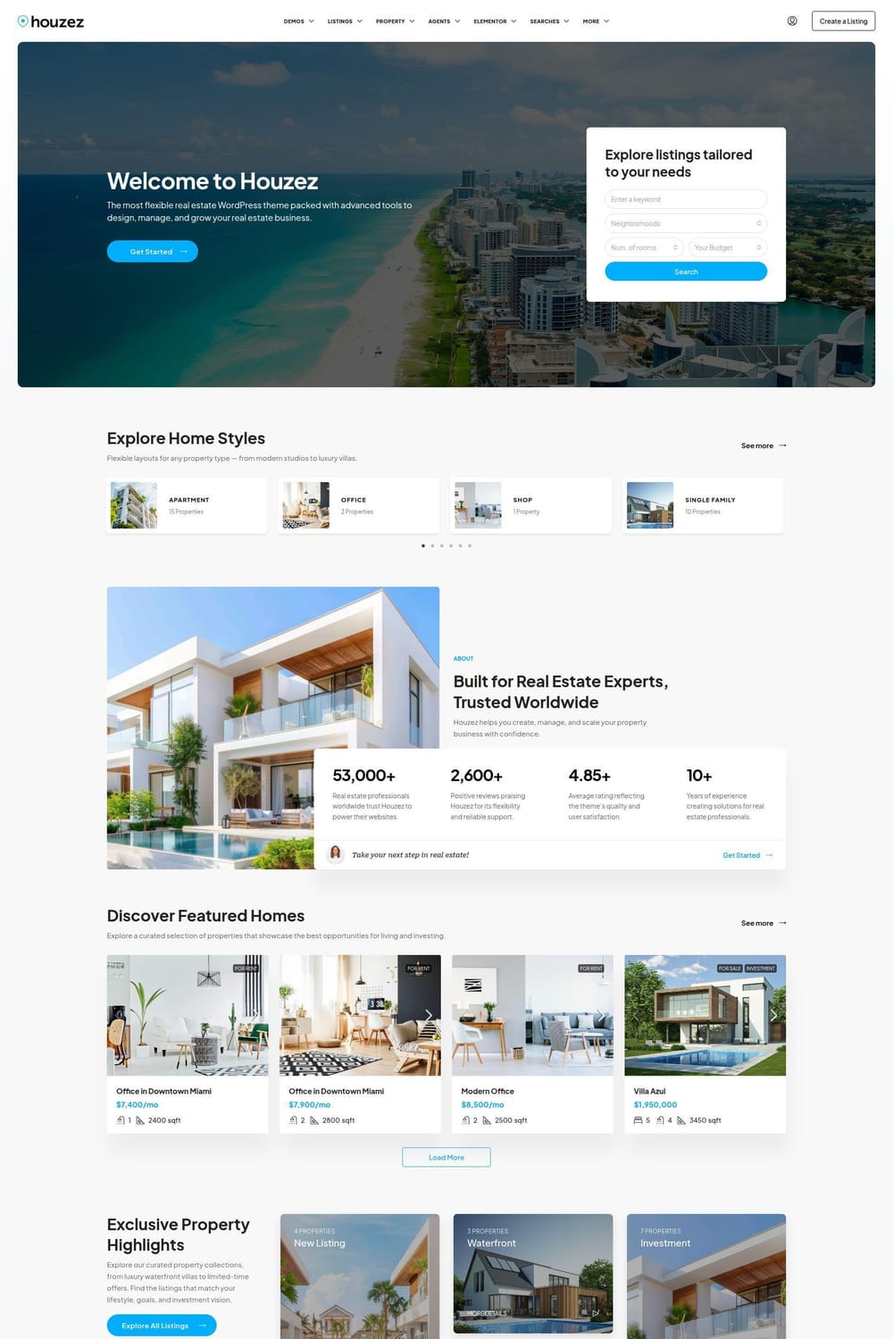 Houzez real estate WordPress theme demo showing the 2026 bento grid search interface and luxury beachfront property hero section.