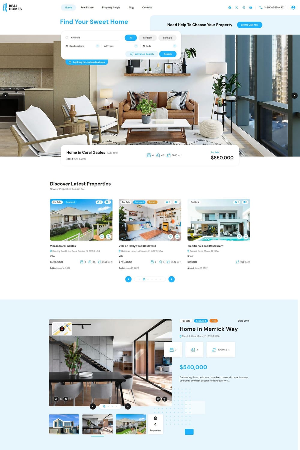 Real Homes WordPress theme homepage displaying a bright interior design hero image and advanced AJAX property search filters.