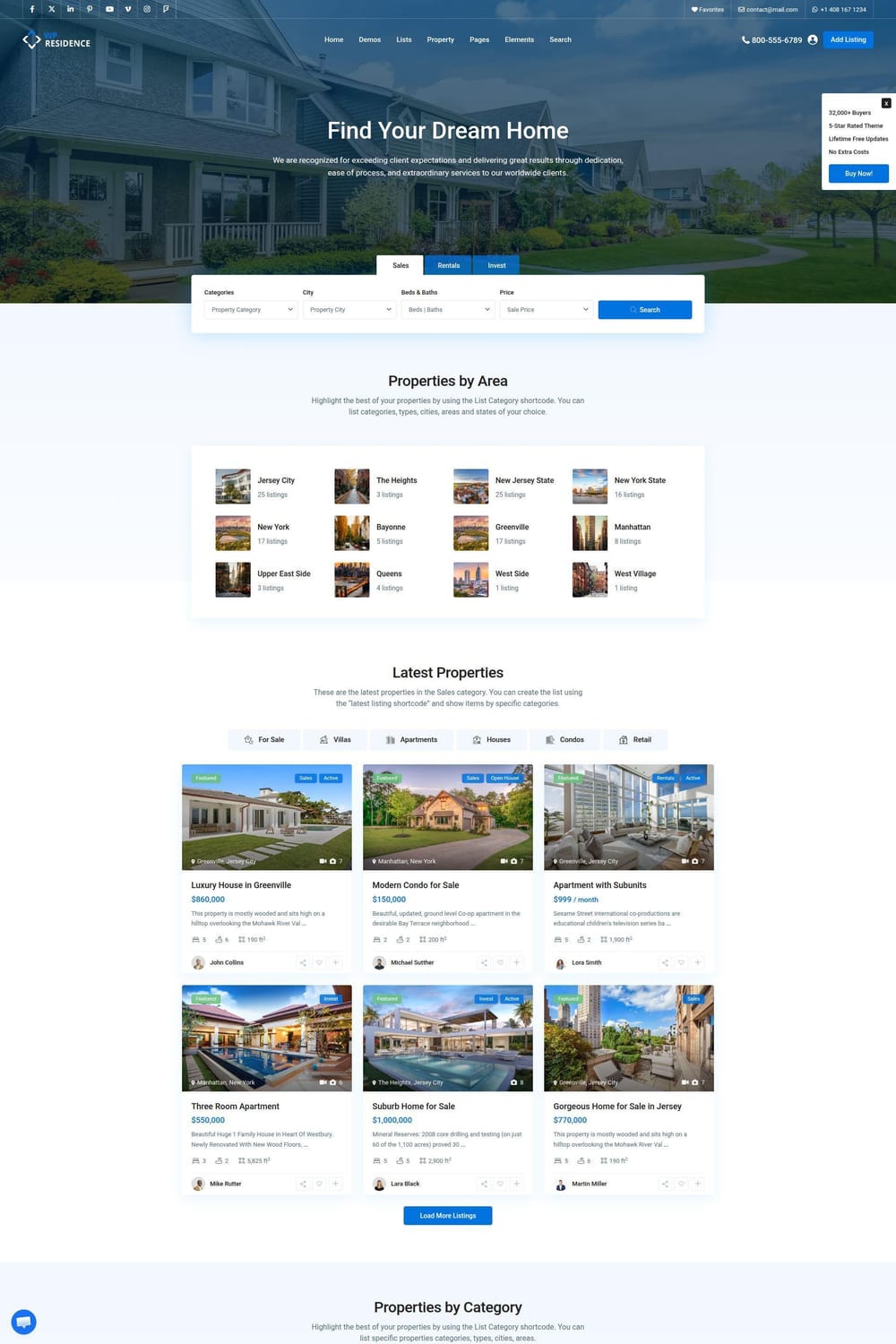 WP Residence real estate theme layout highlighting a multi-level location directory and comprehensive suburban property listing cards.
