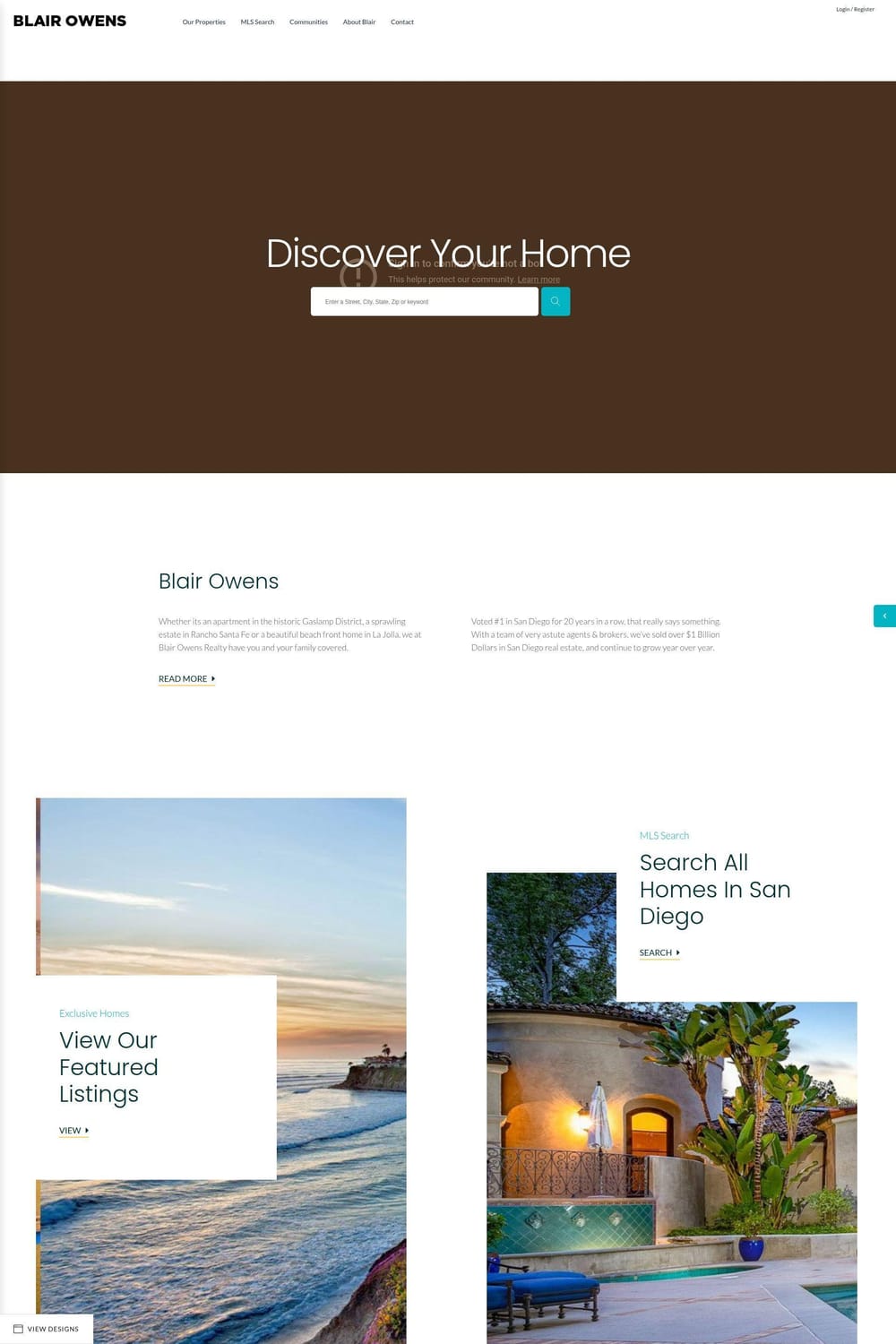 Real Estate 7 theme demo for WordPress showing a lead-generation focused header and large, high-resolution featured property cards.
