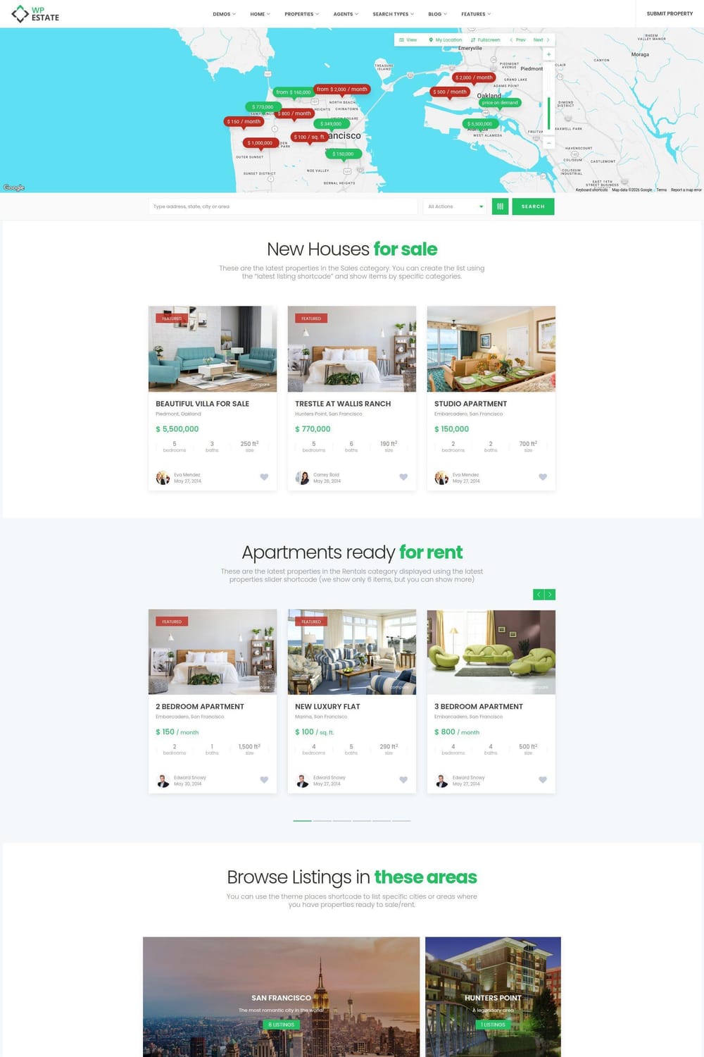WP Estate WordPress theme showcase with a dynamic map-based search header and performance-optimized property listing grid.