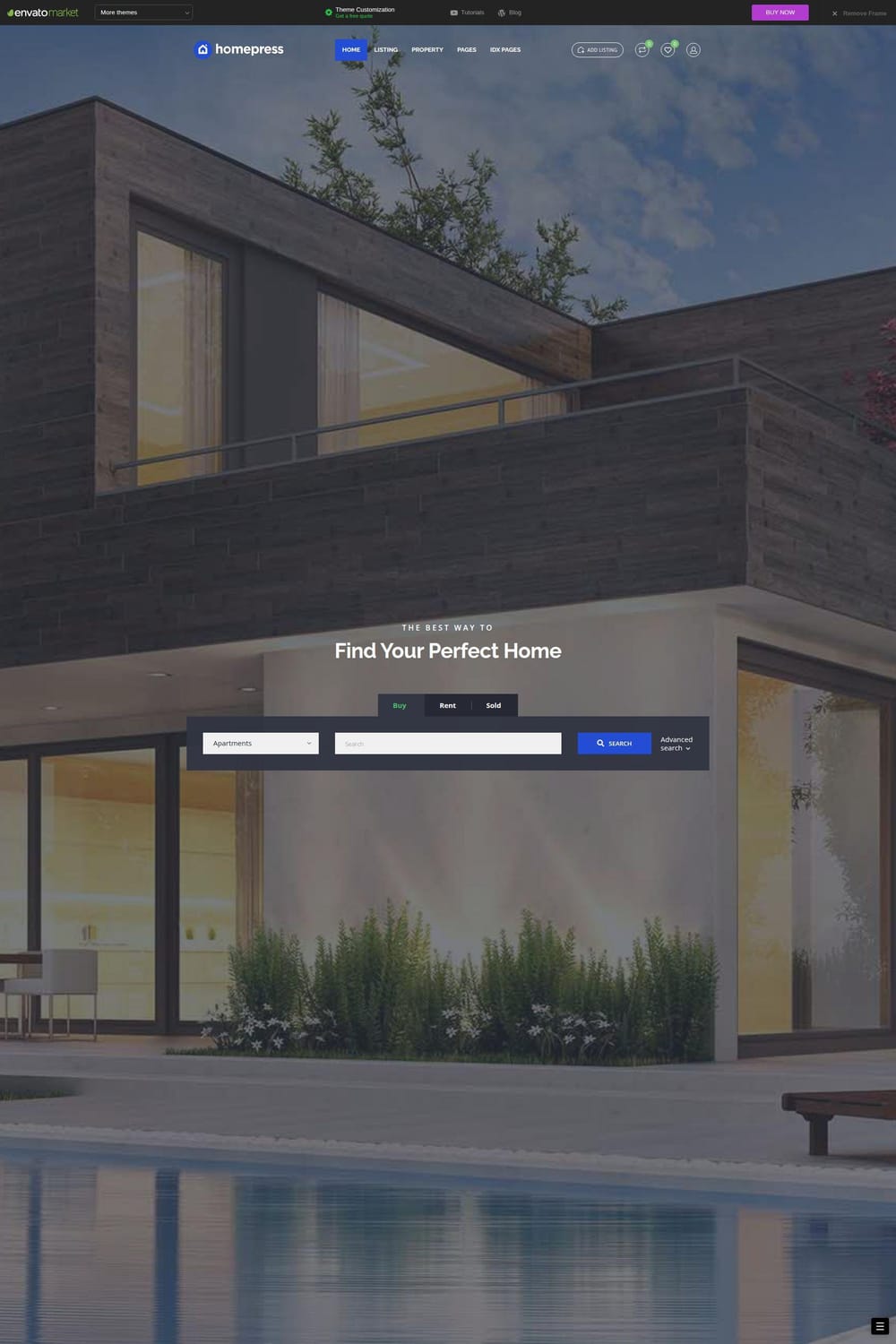 HomePress real estate theme landing page with a high-conversion property search bar and modern luxury architectural photography.