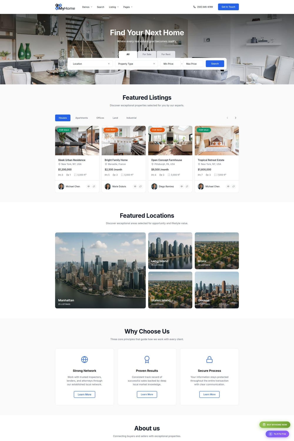 MyHome WordPress theme layout featuring automated neighborhood landing pages and agent-focused featured property listings.