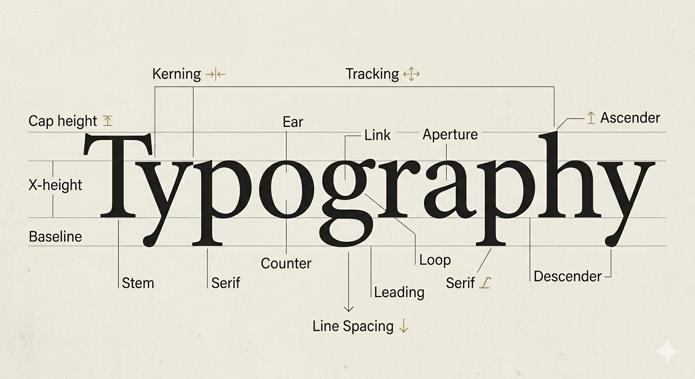 Diagram showing typographic anatomy including kerning, leading, and x-height.
