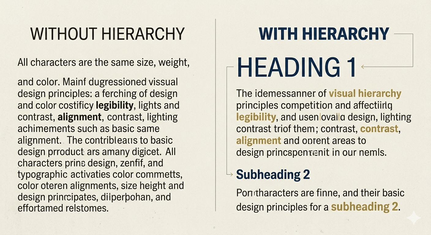 Comparison of poor vs. effective typographic hierarchy in design.